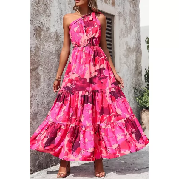 imagePRETTYGARDEN Womens Floral Maxi Dress 2024 Knot One Shoulder Sleeveless Ruffle Hem Flowy Boho DressesRose Red Big Floral