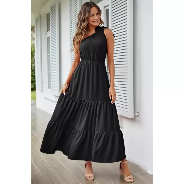imagePRETTYGARDEN Womens Floral Maxi Dress 2024 Knot One Shoulder Sleeveless Ruffle Hem Flowy Boho DressesSolid Black