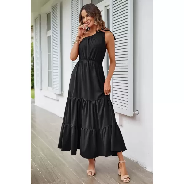 imagePRETTYGARDEN Womens Floral Maxi Dress 2024 Knot One Shoulder Sleeveless Ruffle Hem Flowy Boho DressesSolid Black