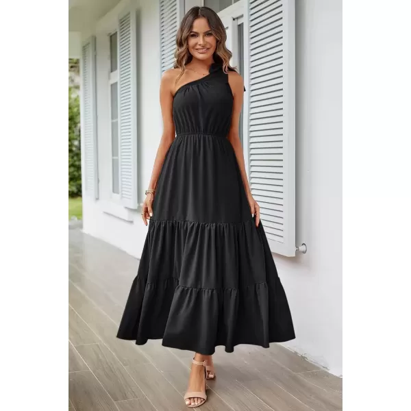 imagePRETTYGARDEN Womens Floral Maxi Dress 2024 Knot One Shoulder Sleeveless Ruffle Hem Flowy Boho DressesSolid Black