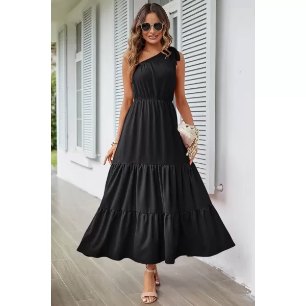 imagePRETTYGARDEN Womens Floral Maxi Dress 2024 Knot One Shoulder Sleeveless Ruffle Hem Flowy Boho DressesSolid Black