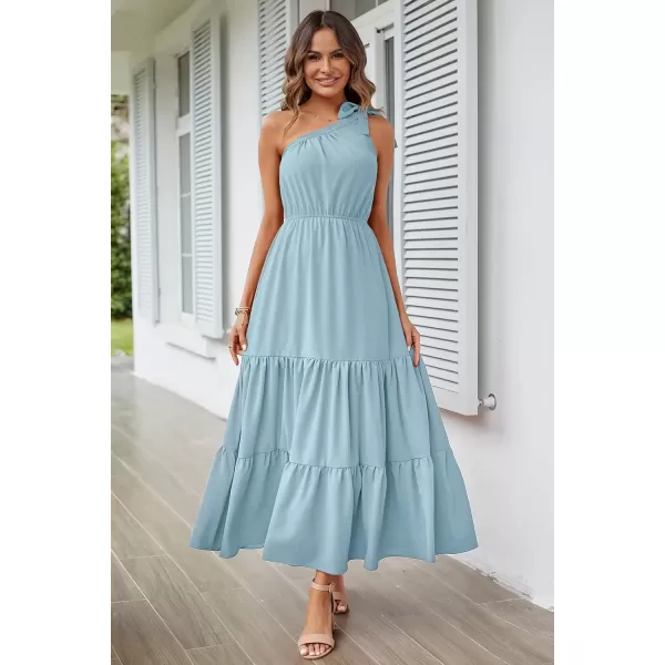 imagePRETTYGARDEN Womens Floral Maxi Dress 2024 Knot One Shoulder Sleeveless Ruffle Hem Flowy Boho DressesSolid Light Blue