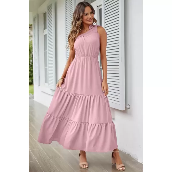 imagePRETTYGARDEN Womens Floral Maxi Dress 2024 Knot One Shoulder Sleeveless Ruffle Hem Flowy Boho DressesSolid Pink