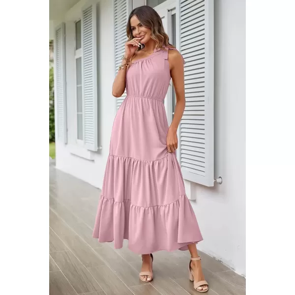 imagePRETTYGARDEN Womens Floral Maxi Dress 2024 Knot One Shoulder Sleeveless Ruffle Hem Flowy Boho DressesSolid Pink
