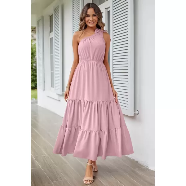 imagePRETTYGARDEN Womens Floral Maxi Dress 2024 Knot One Shoulder Sleeveless Ruffle Hem Flowy Boho DressesSolid Pink