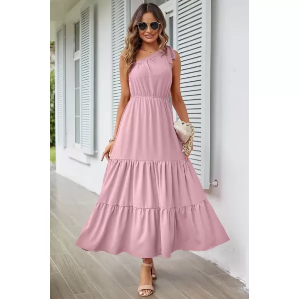 imagePRETTYGARDEN Womens Floral Maxi Dress 2024 Knot One Shoulder Sleeveless Ruffle Hem Flowy Boho DressesSolid Pink