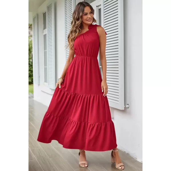 imagePRETTYGARDEN Womens Floral Maxi Dress 2024 Knot One Shoulder Sleeveless Ruffle Hem Flowy Boho DressesSolid Red