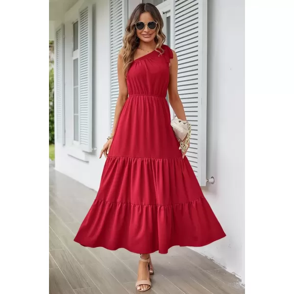 imagePRETTYGARDEN Womens Floral Maxi Dress 2024 Knot One Shoulder Sleeveless Ruffle Hem Flowy Boho DressesSolid Red