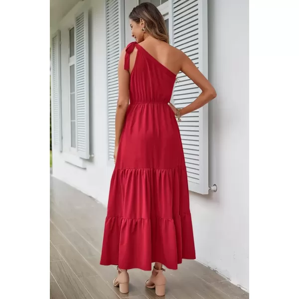 imagePRETTYGARDEN Womens Floral Maxi Dress 2024 Knot One Shoulder Sleeveless Ruffle Hem Flowy Boho DressesSolid Red