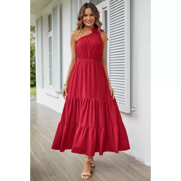 imagePRETTYGARDEN Womens Floral Maxi Dress 2024 Knot One Shoulder Sleeveless Ruffle Hem Flowy Boho DressesSolid Red