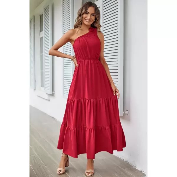 imagePRETTYGARDEN Womens Floral Maxi Dress 2024 Knot One Shoulder Sleeveless Ruffle Hem Flowy Boho DressesSolid Red