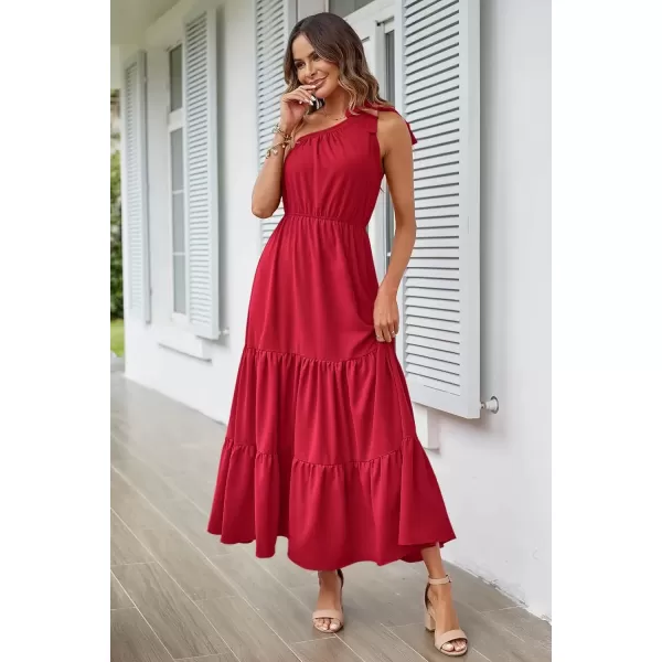 imagePRETTYGARDEN Womens Floral Maxi Dress 2024 Knot One Shoulder Sleeveless Ruffle Hem Flowy Boho DressesSolid Red