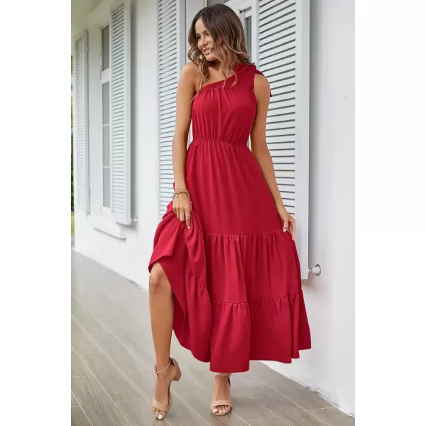 imagePRETTYGARDEN Womens Floral Maxi Dress 2024 Knot One Shoulder Sleeveless Ruffle Hem Flowy Boho DressesSolid Red