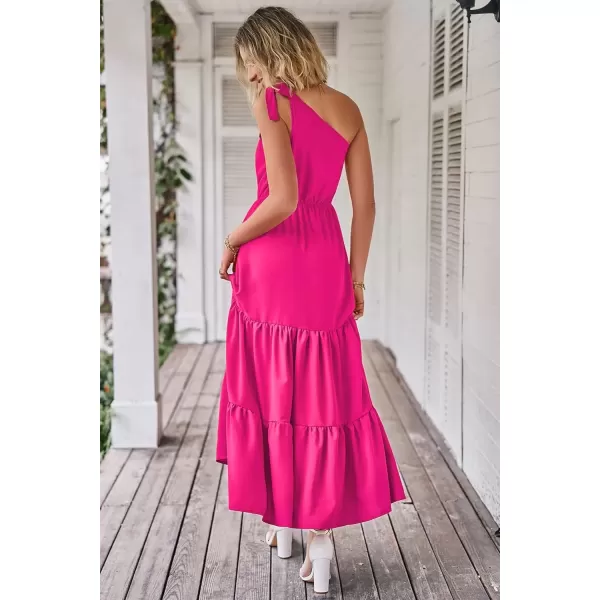 imagePRETTYGARDEN Womens Floral Maxi Dress 2024 Knot One Shoulder Sleeveless Ruffle Hem Flowy Boho DressesSolid Rose Red