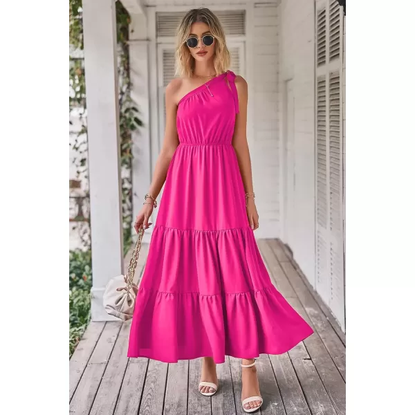 imagePRETTYGARDEN Womens Floral Maxi Dress 2024 Knot One Shoulder Sleeveless Ruffle Hem Flowy Boho DressesSolid Rose Red