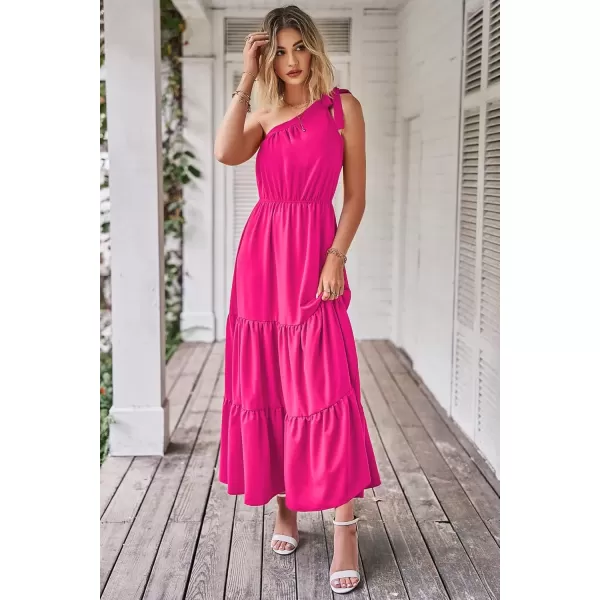 imagePRETTYGARDEN Womens Floral Maxi Dress 2024 Knot One Shoulder Sleeveless Ruffle Hem Flowy Boho DressesSolid Rose Red