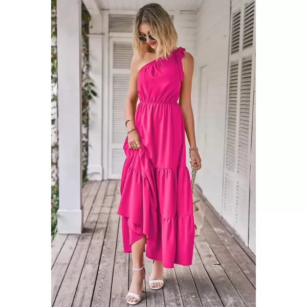 imagePRETTYGARDEN Womens Floral Maxi Dress 2024 Knot One Shoulder Sleeveless Ruffle Hem Flowy Boho DressesSolid Rose Red