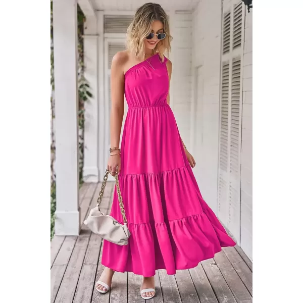 imagePRETTYGARDEN Womens Floral Maxi Dress 2024 Knot One Shoulder Sleeveless Ruffle Hem Flowy Boho DressesSolid Rose Red