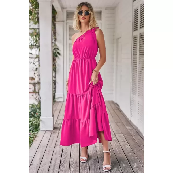 imagePRETTYGARDEN Womens Floral Maxi Dress 2024 Knot One Shoulder Sleeveless Ruffle Hem Flowy Boho DressesSolid Rose Red