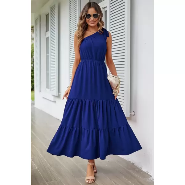 imagePRETTYGARDEN Womens Floral Maxi Dress 2024 Knot One Shoulder Sleeveless Ruffle Hem Flowy Boho DressesSolid Royal Blue