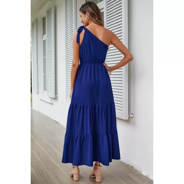 imagePRETTYGARDEN Womens Floral Maxi Dress 2024 Knot One Shoulder Sleeveless Ruffle Hem Flowy Boho DressesSolid Royal Blue