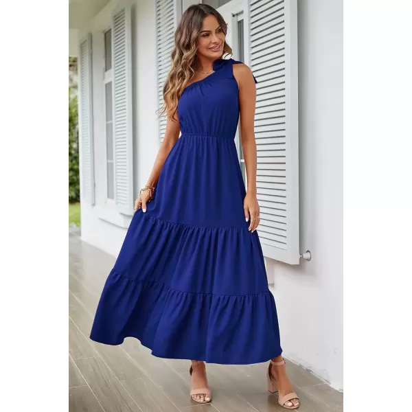 imagePRETTYGARDEN Womens Floral Maxi Dress 2024 Knot One Shoulder Sleeveless Ruffle Hem Flowy Boho DressesSolid Royal Blue
