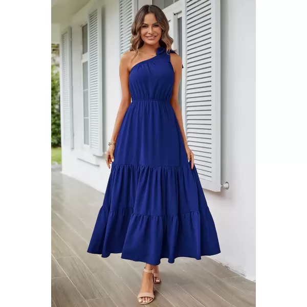 imagePRETTYGARDEN Womens Floral Maxi Dress 2024 Knot One Shoulder Sleeveless Ruffle Hem Flowy Boho DressesSolid Royal Blue