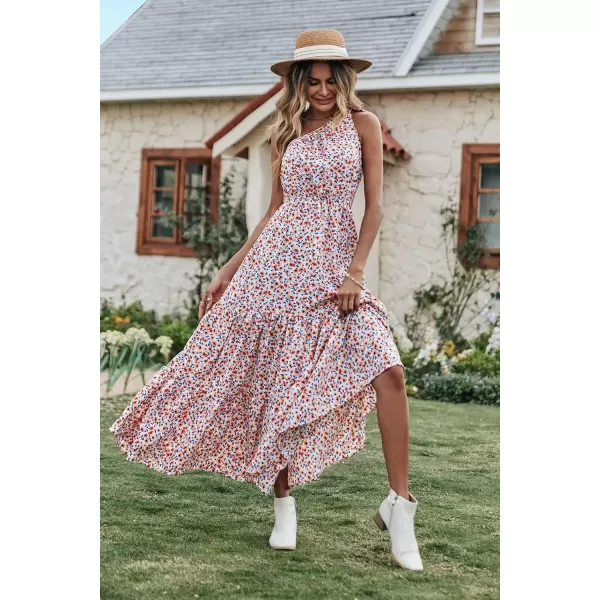 imagePRETTYGARDEN Womens Floral Maxi Dress 2024 Knot One Shoulder Sleeveless Ruffle Hem Flowy Boho DressesWhite Red
