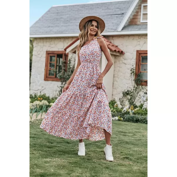 imagePRETTYGARDEN Womens Floral Maxi Dress 2024 Knot One Shoulder Sleeveless Ruffle Hem Flowy Boho DressesWhite Red