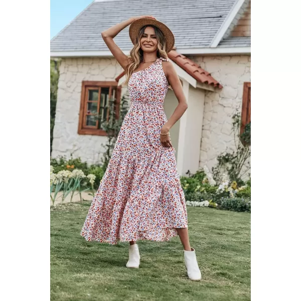 imagePRETTYGARDEN Womens Floral Maxi Dress 2024 Knot One Shoulder Sleeveless Ruffle Hem Flowy Boho DressesWhite Red