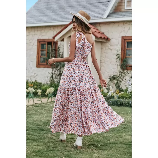 imagePRETTYGARDEN Womens Floral Maxi Dress 2024 Knot One Shoulder Sleeveless Ruffle Hem Flowy Boho DressesWhite Red