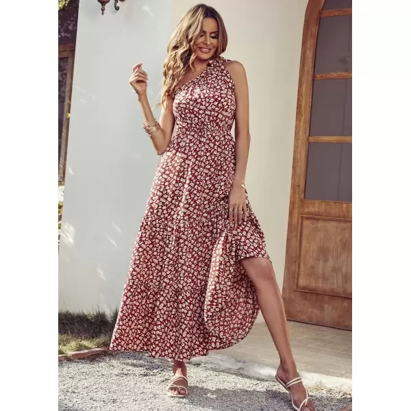 imagePRETTYGARDEN Womens Floral Maxi Dress 2024 Knot One Shoulder Sleeveless Ruffle Hem Flowy Boho DressesWine Red