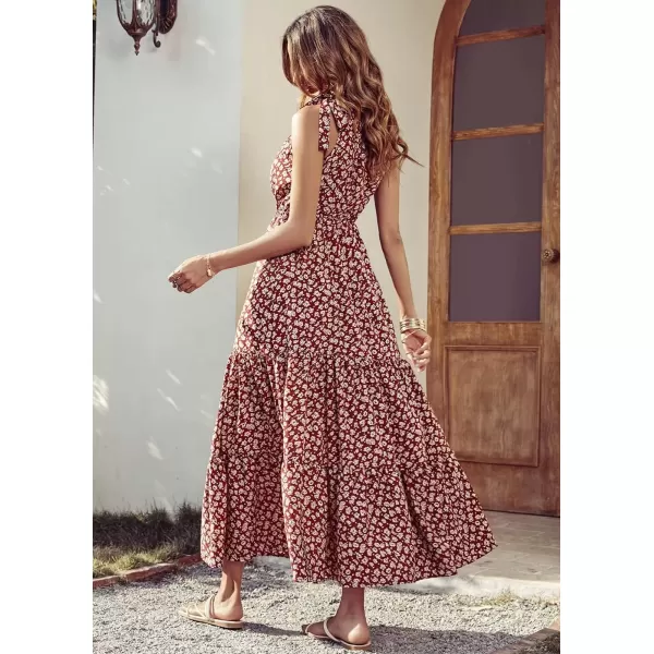 imagePRETTYGARDEN Womens Floral Maxi Dress 2024 Knot One Shoulder Sleeveless Ruffle Hem Flowy Boho DressesWine Red