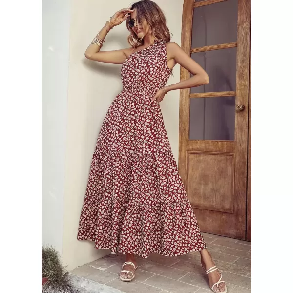 imagePRETTYGARDEN Womens Floral Maxi Dress 2024 Knot One Shoulder Sleeveless Ruffle Hem Flowy Boho DressesWine Red