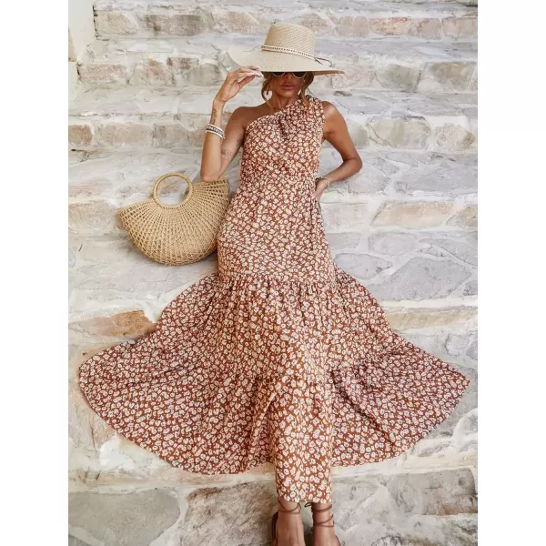 imagePRETTYGARDEN Womens Floral Maxi Dress 2024 Knot One Shoulder Sleeveless Ruffle Hem Flowy Boho DressesYellow White