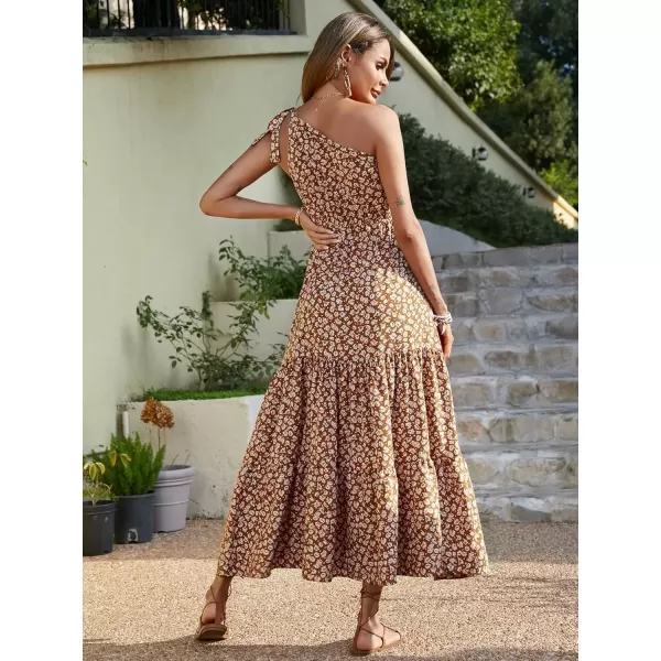 imagePRETTYGARDEN Womens Floral Maxi Dress 2024 Knot One Shoulder Sleeveless Ruffle Hem Flowy Boho DressesYellow White