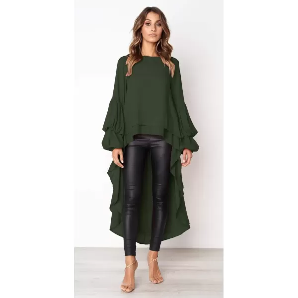 imagePRETTYGARDEN Womens Lantern Long Sleeve Round Neck High Low Asymmetrical Irregular Hem Casual Tops Blouse Shirt DressArmy Green