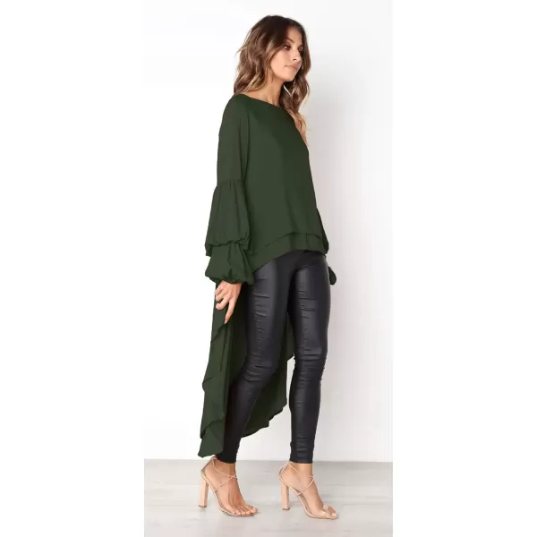 imagePRETTYGARDEN Womens Lantern Long Sleeve Round Neck High Low Asymmetrical Irregular Hem Casual Tops Blouse Shirt DressArmy Green