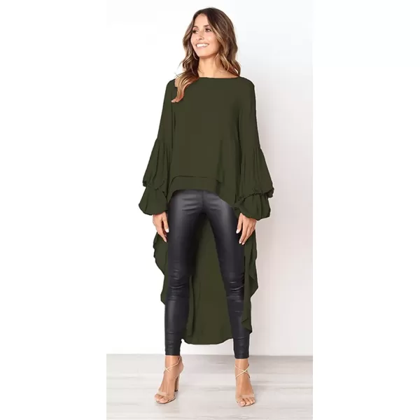 imagePRETTYGARDEN Womens Lantern Long Sleeve Round Neck High Low Asymmetrical Irregular Hem Casual Tops Blouse Shirt DressArmy Green