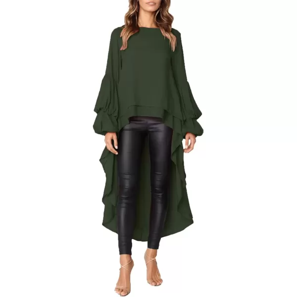 imagePRETTYGARDEN Womens Lantern Long Sleeve Round Neck High Low Asymmetrical Irregular Hem Casual Tops Blouse Shirt DressArmy Green