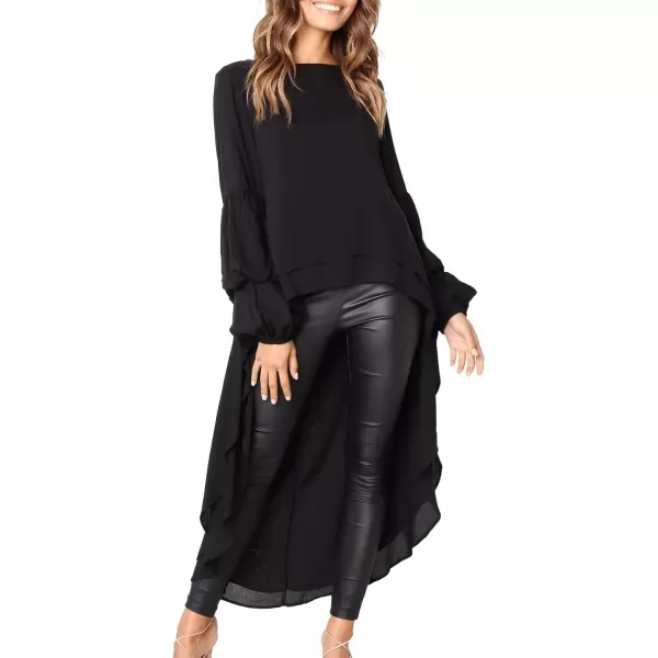 imagePRETTYGARDEN Womens Lantern Long Sleeve Round Neck High Low Asymmetrical Irregular Hem Casual Tops Blouse Shirt DressBlack