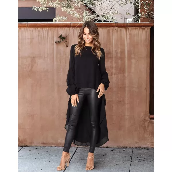 imagePRETTYGARDEN Womens Lantern Long Sleeve Round Neck High Low Asymmetrical Irregular Hem Casual Tops Blouse Shirt DressBlack