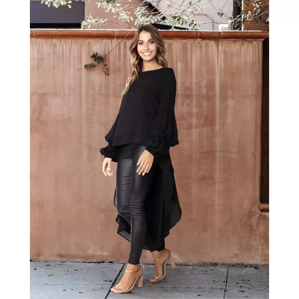 imagePRETTYGARDEN Womens Lantern Long Sleeve Round Neck High Low Asymmetrical Irregular Hem Casual Tops Blouse Shirt DressBlack