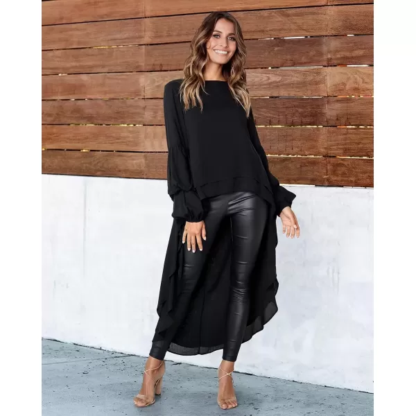 imagePRETTYGARDEN Womens Lantern Long Sleeve Round Neck High Low Asymmetrical Irregular Hem Casual Tops Blouse Shirt DressBlack