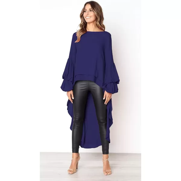 imagePRETTYGARDEN Womens Lantern Long Sleeve Round Neck High Low Asymmetrical Irregular Hem Casual Tops Blouse Shirt DressBlue
