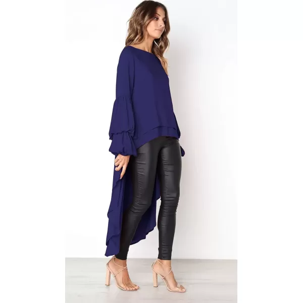 imagePRETTYGARDEN Womens Lantern Long Sleeve Round Neck High Low Asymmetrical Irregular Hem Casual Tops Blouse Shirt DressBlue