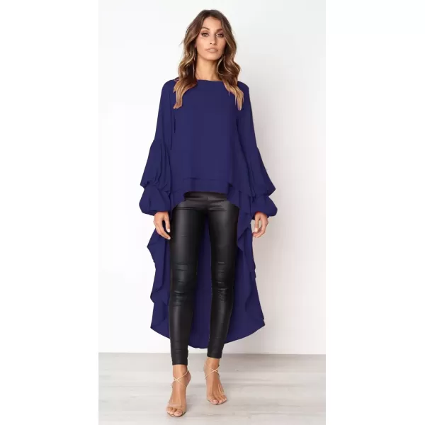 imagePRETTYGARDEN Womens Lantern Long Sleeve Round Neck High Low Asymmetrical Irregular Hem Casual Tops Blouse Shirt DressBlue