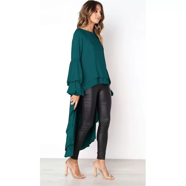 imagePRETTYGARDEN Womens Lantern Long Sleeve Round Neck High Low Asymmetrical Irregular Hem Casual Tops Blouse Shirt DressDark Green