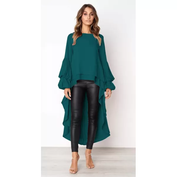 imagePRETTYGARDEN Womens Lantern Long Sleeve Round Neck High Low Asymmetrical Irregular Hem Casual Tops Blouse Shirt DressDark Green