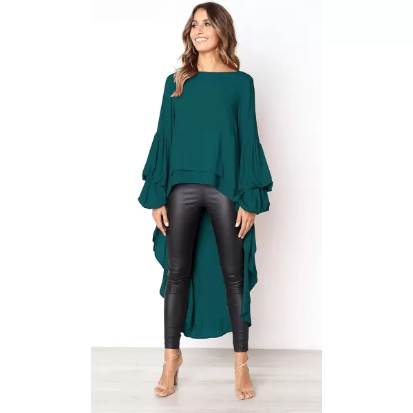 imagePRETTYGARDEN Womens Lantern Long Sleeve Round Neck High Low Asymmetrical Irregular Hem Casual Tops Blouse Shirt DressDark Green